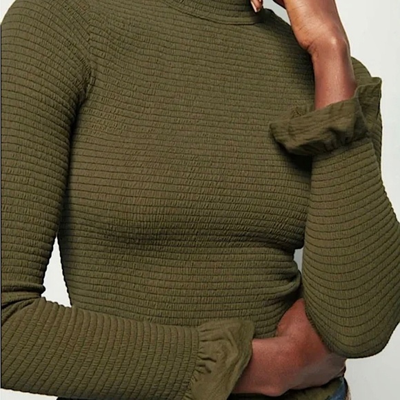 NATION LTD Yael Smocked High Ruffle Neck Top Ozark Green Pima Cotton Cutout Back - Picture 4 of 16